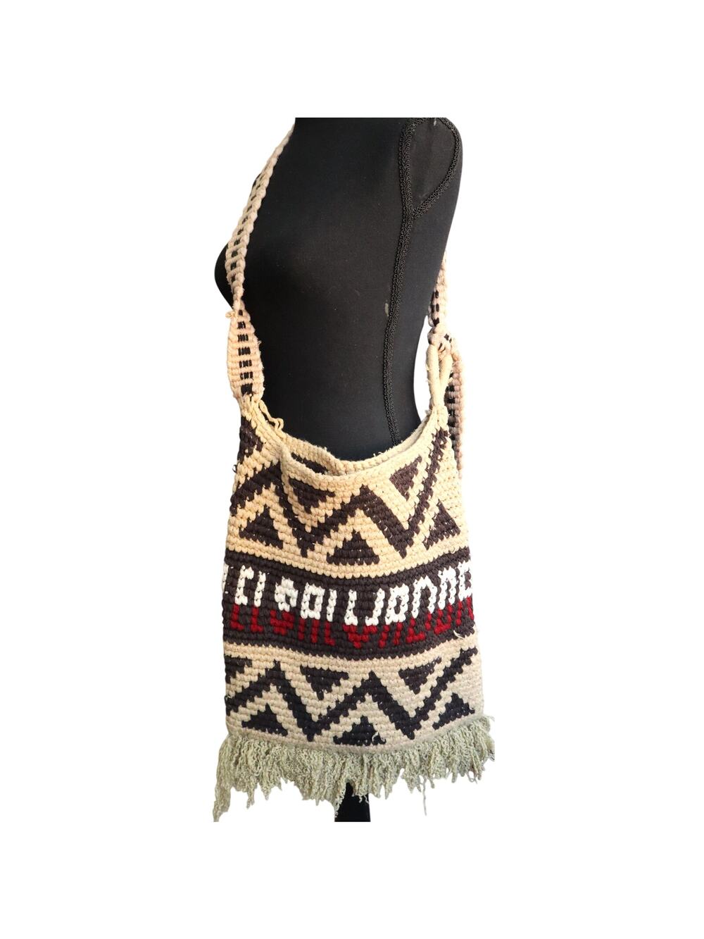 Vintage Wayuu Mochila Bucket Bag Tote El Salvador Cross Brown Woven Fringe BOHO